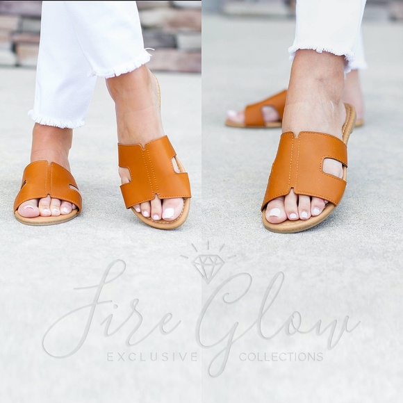 ONLY 1 LEFT! Cognac Leatherette Slip-on Sandals - Picture 2 of 3